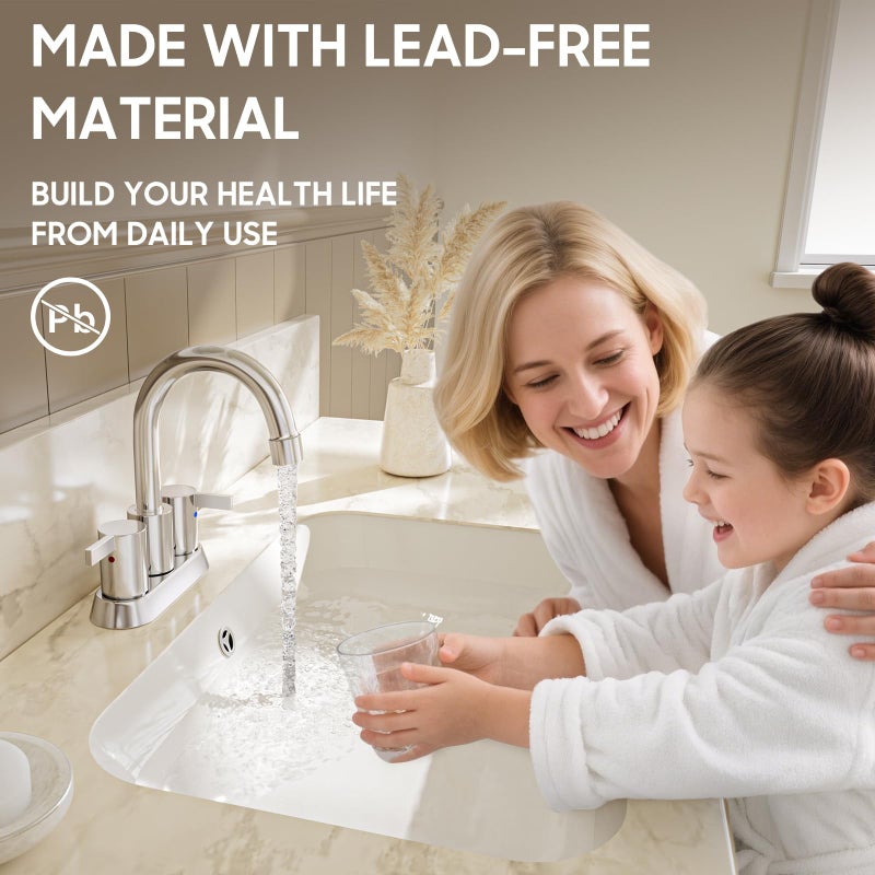 Phiestina 4 Inch Centerset 2 or 3 Holes 2 Handle Chrome Lead-Free Bathroom Faucet, Swivel Spout with Copper Pop Up Drain and 2 Water Supply Lines, BF015-1-C - Image 5